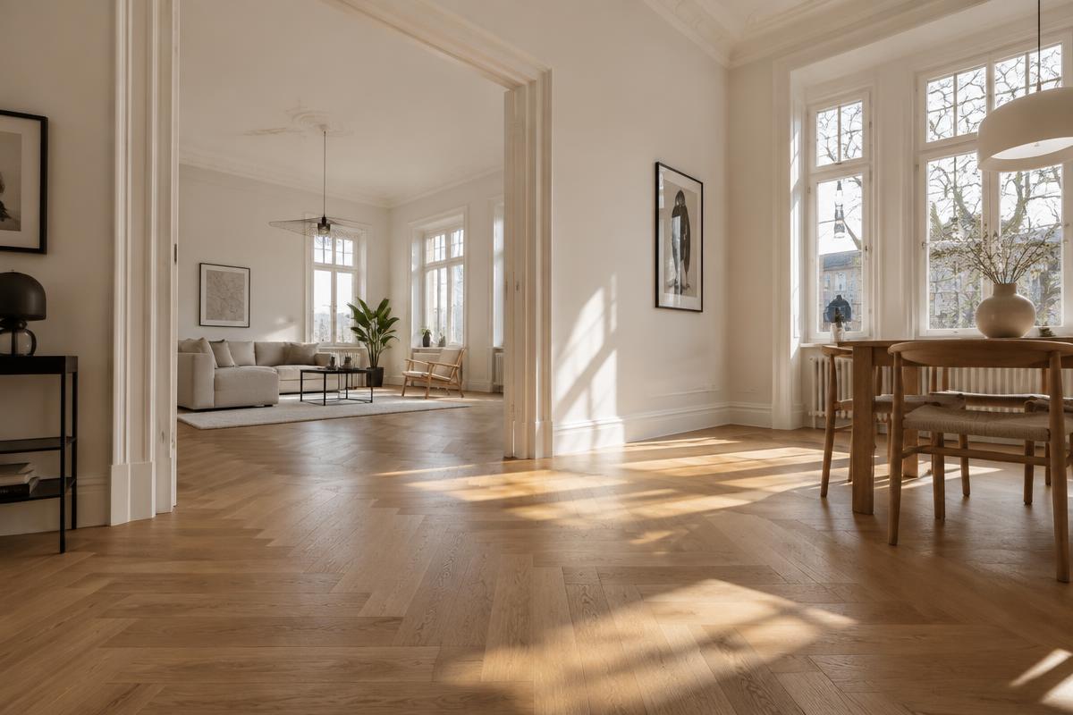 Hell verlegter Eichenparkettboden in einem renovierten Altbauzimmer
