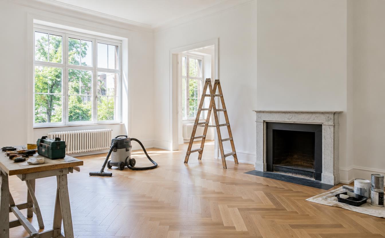 Renovierter Wohnraum mit frisch verputzter Wand und neu verlegtem Holzboden