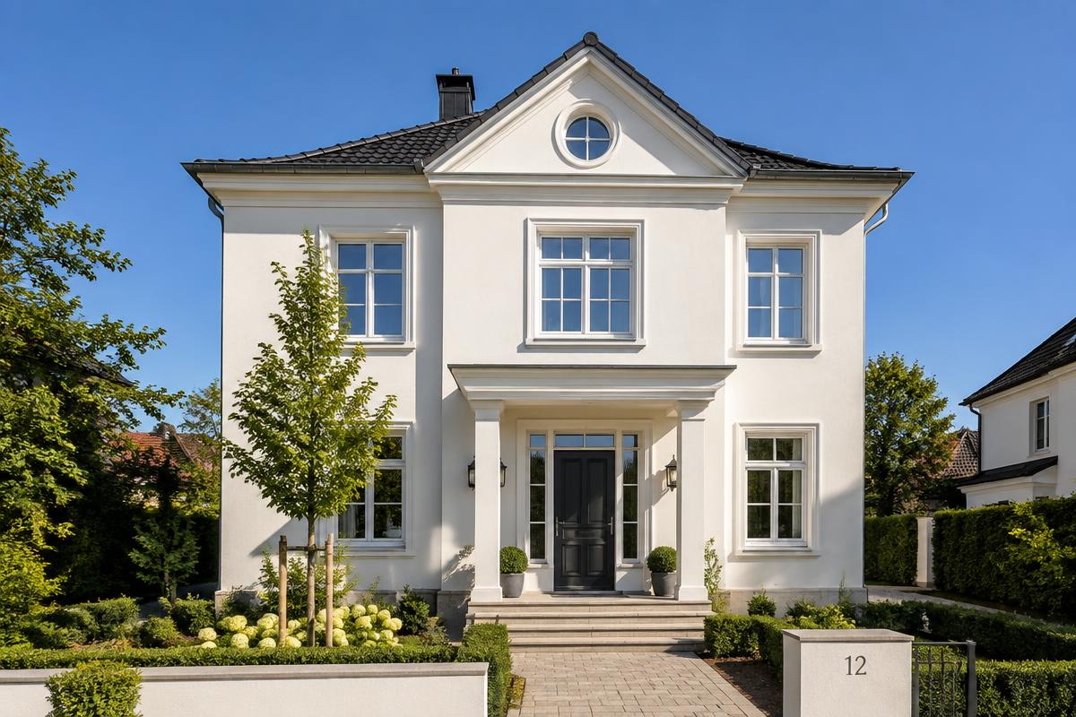 Sanierte helle Fassade eines klassischen Wohnhauses mit gepflegtem Vorgarten