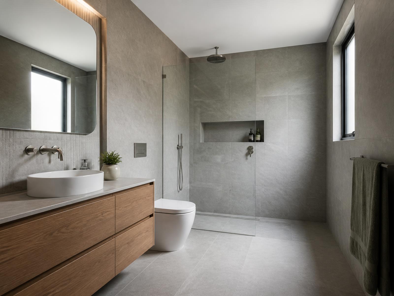 Modern saniertes Badezimmer mit bodengleicher Dusche und Holzwaschtisch